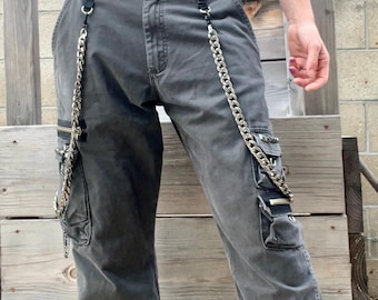 Gray Studded KoRn D-ring Cargo Pants with Chains