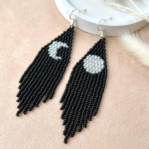Long Black Earrings with Moon Handmade - Statement Fringe Beaded Earrings - Bohemian Moon Design Beaded Earrings