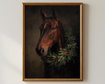 May include: A framed portrait of a brown horse wearing a green wreath with red berries. The horse is facing left, with a white marking on its forehead. The artwork is set against a dark background and framed in gold.