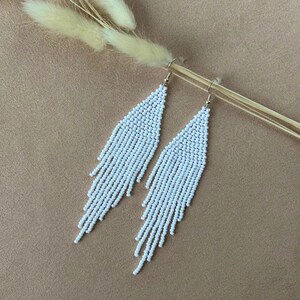 Long White Beaded Earrings - Boho Wedding Party Fringe Earrings - Statement earrings for a summer look