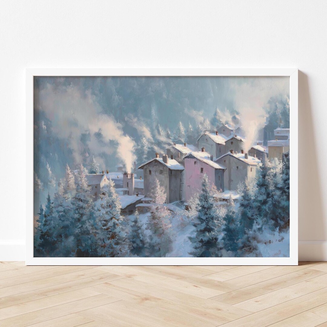 Winter Scene & Mountain Wall Art – Downloadable Winter Village Print - Etsy