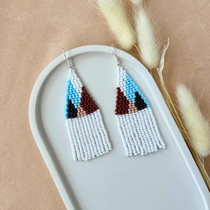 Unique White Beaded Earrings with Fringe with Geometric Design - Handmade Boho Statement Earrings
