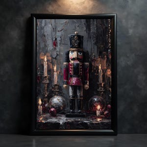 May include: Framed artwork featuring a detailed painting of a nutcracker soldier. The nutcracker is dressed in a red and black uniform with a tall hat. The background includes candles, ornaments, and a dark, textured backdrop, creating a festive holiday theme.