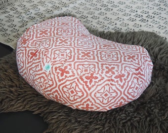 Meditation Cushion -  Organic Buckwheat Filled - Hand Block Printed - Pink Tiled Lattice - Crescent Zafu, Yoga Pillow - Relaxation Gift