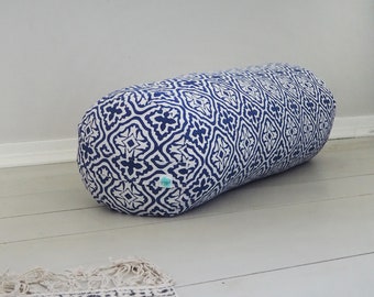 Organic Buckwheat Filled Yoga Bolster | Hand Block Printed | Tiled Lattice Blue