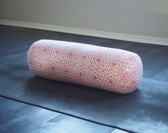 Yoga Bolster | Organic Buckwheat Hull Filled | Hand Block Printed | Coral Pink Tiled Lattice | Yoga Cushion, Restorative Yoga, Yoga Gift