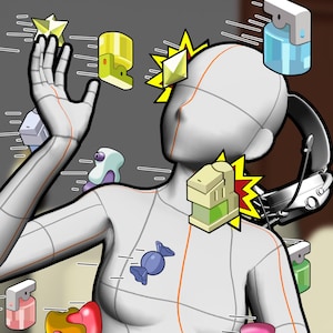 May include: An illustration of a mannequin-like figure with various cartoon objects floating around it. The objects include a star, a spray bottle, a candy, and a game controller. The figure has orange lines and a white body.