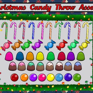 May include: A set of Christmas candy throw assets, including candy canes, wrapped candies, gumdrops, and round candies in various colors. The assets are arranged in rows on a gray background within a green and red frame.