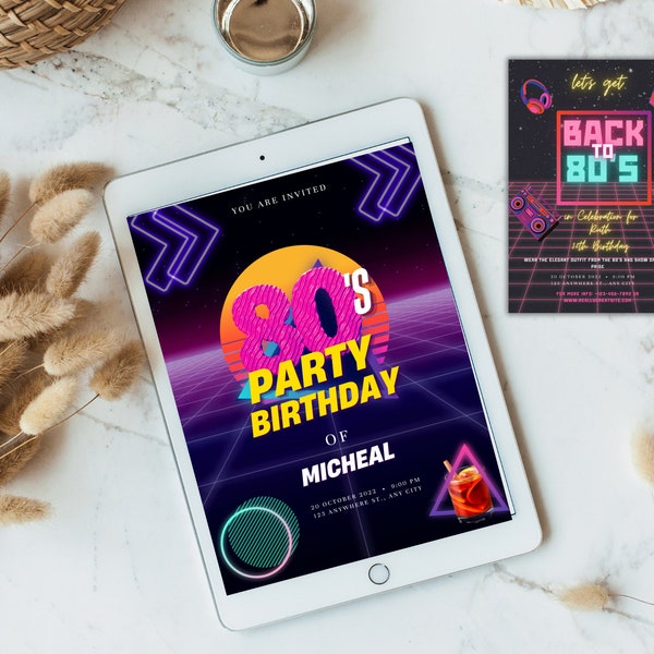 80s Neon Party Invitation Editable Template, Retro Celebrations Throwback Disco Party Invite, 80s Dance Fever Flashback Party