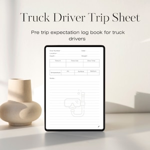 Puede incluir: Un planificador digital blanco con una plantilla de hoja de viaje de conductor de camión negra. La plantilla incluye secciones para el número de inmersión, la ubicación, la profundidad, la hora de entrada, la hora de salida, la fecha, el peso, el tiempo de inmersión, la temperatura, el aire, la superficie, el fondo y las notas.