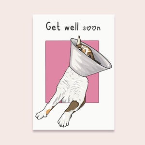 Jolie carte de prompt rétablissement – Chat drôle avec cône | Cadeau pour se sentir mieux. fait à la main