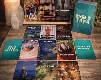 May include: A tarot card deck with the words "ISSEY TARA" on the box. The cards feature various images and phrases like "LEGAL DEALS", "MOVE", and "FAST CASH". A lit candle and crystals are in the background. The text "POWERFUL CARDS" and "EASY TO USE" are at the bottom.