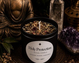 May include: A black metal candle tin filled with wax and topped with dried herbs and flower petals. The white label features the text Holy Protection, Ritual Candle, Protection, Blessing, Divine Shield, and a small four-pointed star icon.
