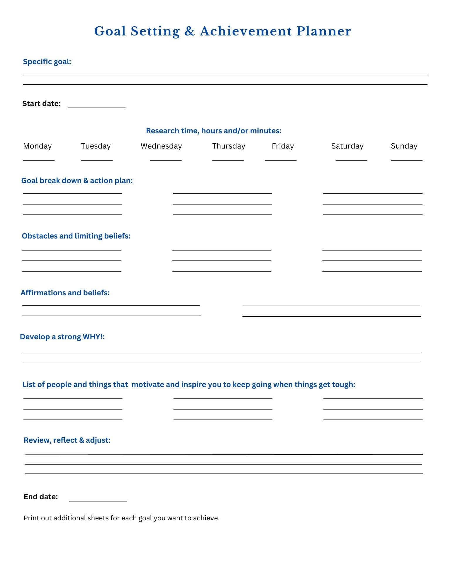 Goal setting and achievement planner, instructions, examples, best practices