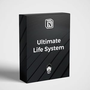 Puede incluir: Caja negra con texto blanco que dice "Ultimate Life System" y una pequeña caja blanca con la letra "N" en ella. Una ilustración en blanco y negro de una persona con un sombrero está debajo del texto.