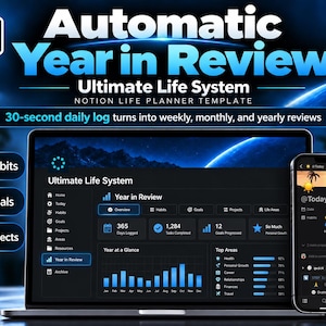 以下が含まれることがあります： ノートンのライフプランナーテンプレート「Automatic Year in Review Ultimate Life System」がノートパソコンとスマートフォンの画面に表示されており、ダークモードのダッシュボード、グラフ、習慣トラッカーが確認できます。