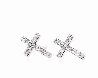 Diamond Cross Gold Stud Earrings 0.10ct 14k Gold Classy Elegant Wife Gift Religious Jewelry Holiday Gift Ideas