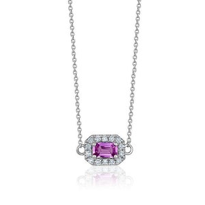 Pink Sapphire 0.30ct Emerald Cut Halo Necklace with Real Diamonds 0.10ct and 14K Solid Gold Chain Necklace, Rose, Yellow and White Gold