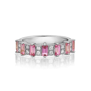 Pink Sapphire Gemstone Ring and Real Diamonds Band Anniversary Stacking Ring for Her, 14K Solid Gold Natural Gemstones Fine Jewelry