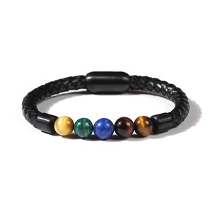 Magnetic Clasp Natural Gemstones Leather Bracelet, Multicolor Stones and Braided Real Leather Beaded Jewelry for Summer Fashion