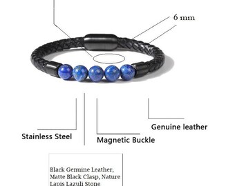 Magnetic Clasp, Lapis Lazuli Beads, Braided Leather Bracelet  display picture 2