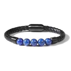 Magnetic Clasp, Lapis Lazuli Beads, Braided Leather Bracelet for Men, Cool Trending Jewelry, Everyday Bracelet, Fashionable Men&#39;s Bracelet