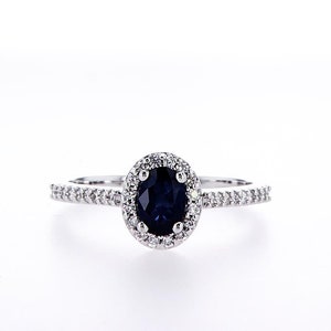 Stunning Halo Oval Sapphire Engagement Ring, Blue Sapphire and Diamond White Gold Ring for Proposal, Bridal Jewelry, Engagement Promise Ring