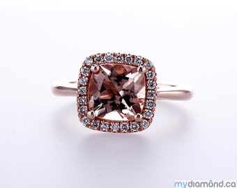 Morganite Halo Diamond Ring 8X8 mm 14K Rose Gold Ring With Magnificent Rose Gold Diamond Wedding Engagement Gift for Her