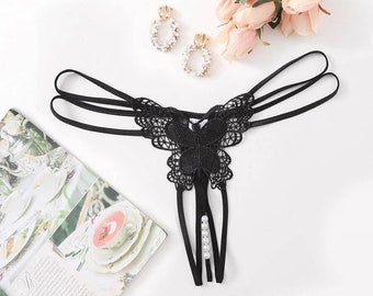 Plus Butterfly Design Crotchless Thong, Black, Non Refundable