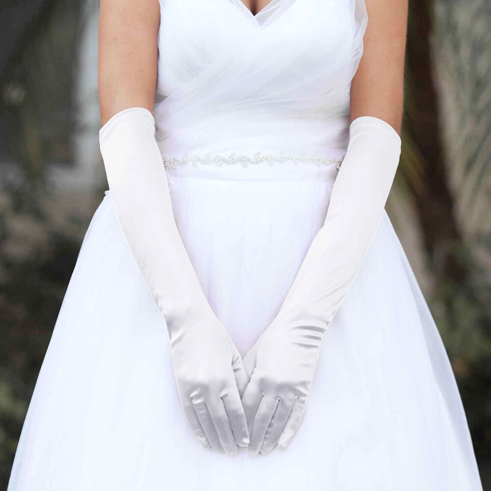 GORGEOUS STRETCH SATIN GLOVES WITH PEARL FLORAL MOTIF AND LACE TRIMMED CUFF 