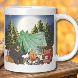 Bear and Hedgehog Camping Mug Campfire Scene Ceramic Childrens Mug