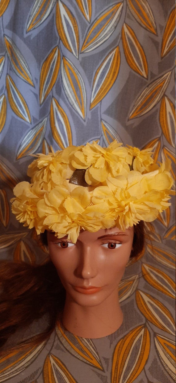 Vintage Yellow Hat, 1950s Flowered Hat