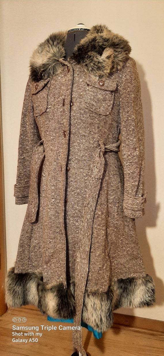 1970 Wool Long Coat, Wool Coat with Fur, Union Mad