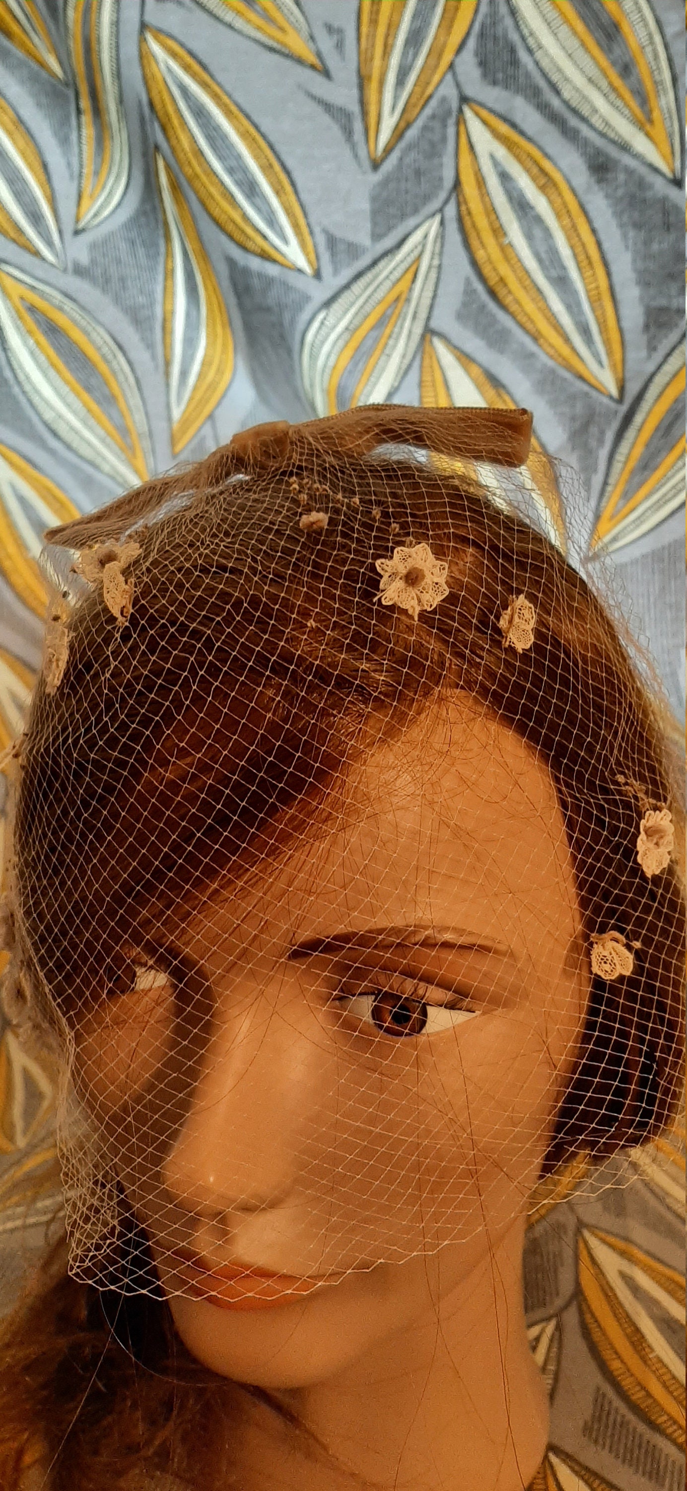 Peach Netted Fascinator Hat: Vintage Ribbon & Flower Detail  display picture 1