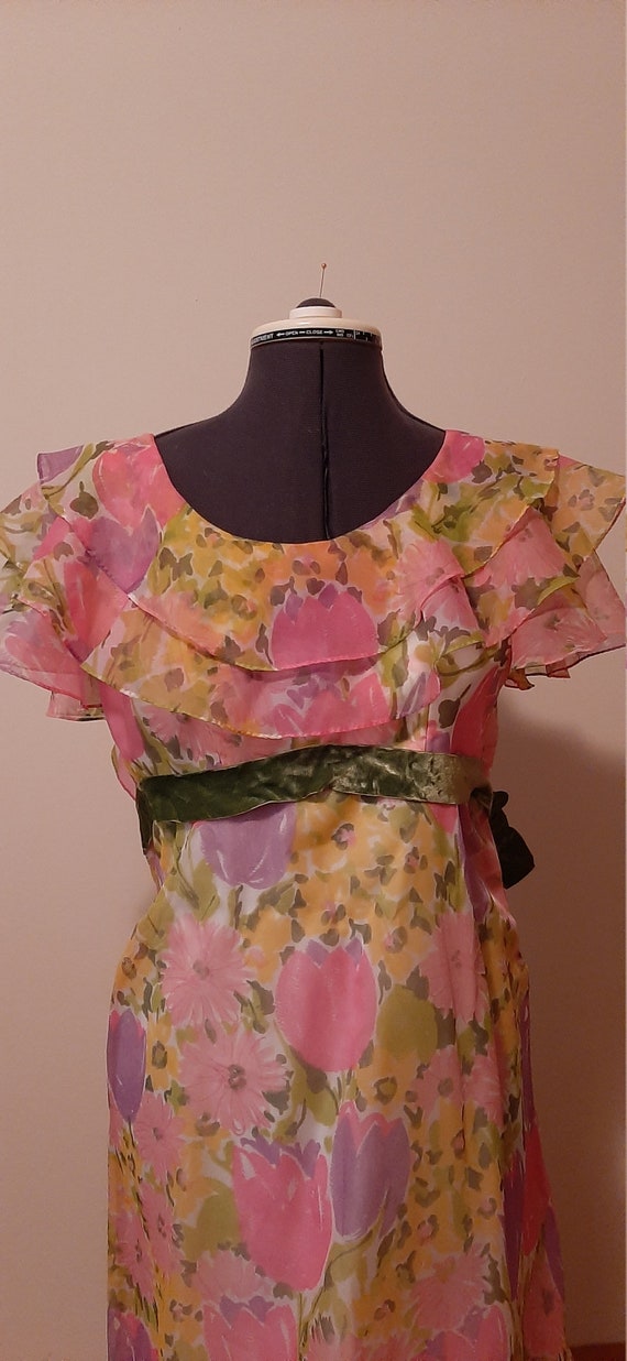Boho Dress, Union Made, Pink Flowers, Floor Lengt… - image 1