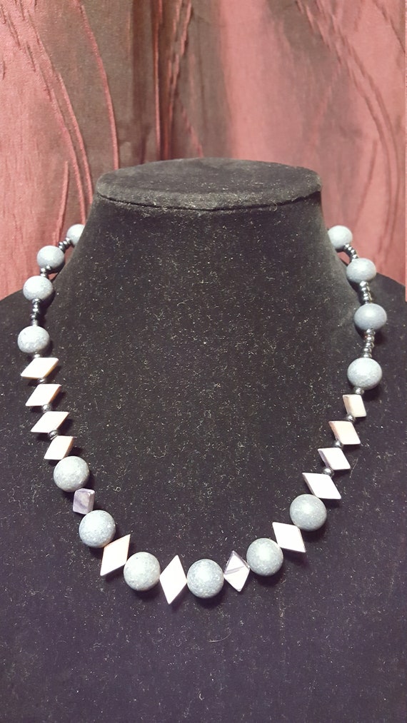 Beautiful Blue Wood and Bead Necklace