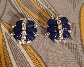 Gale Royal Blue Clip on Earrings, 1950 Rhinestone and Blue Clip on Earrings