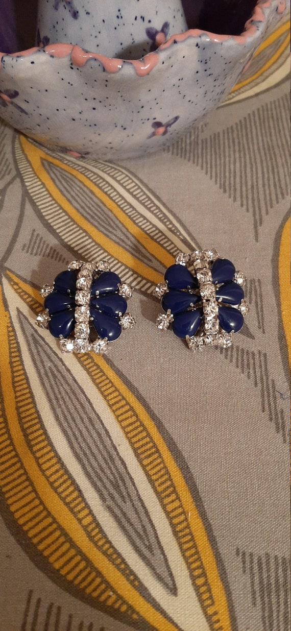 Gale Royal Blue Clip on Earrings, 1950 Rhinestone 