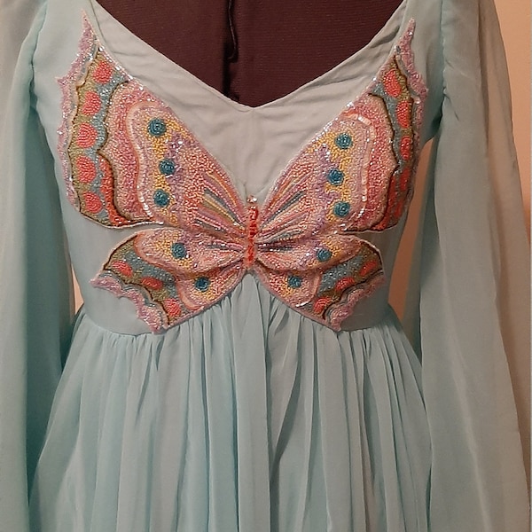 George Halley Design, Halley  Dress, Blue Dress, Baby Blue Dress, Floor Length Dress, Chiffon Dress, Beaded Dress, Butterfly Dress
