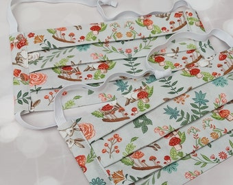Bunnies & Toadstools ~ Cotton Fabric ADULT Face Mask with Filter Pocket ~ Handmade UK ~ Cute Nature Leaves Rabbits Mushrooms