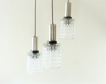 Vintage Cascade Chandelier- Ceiling lamp-Vintage Pendant Lamp- Vintage Ceiling Light- 3 Embossed Glass Shades-Chrome Chandelier- 1970s