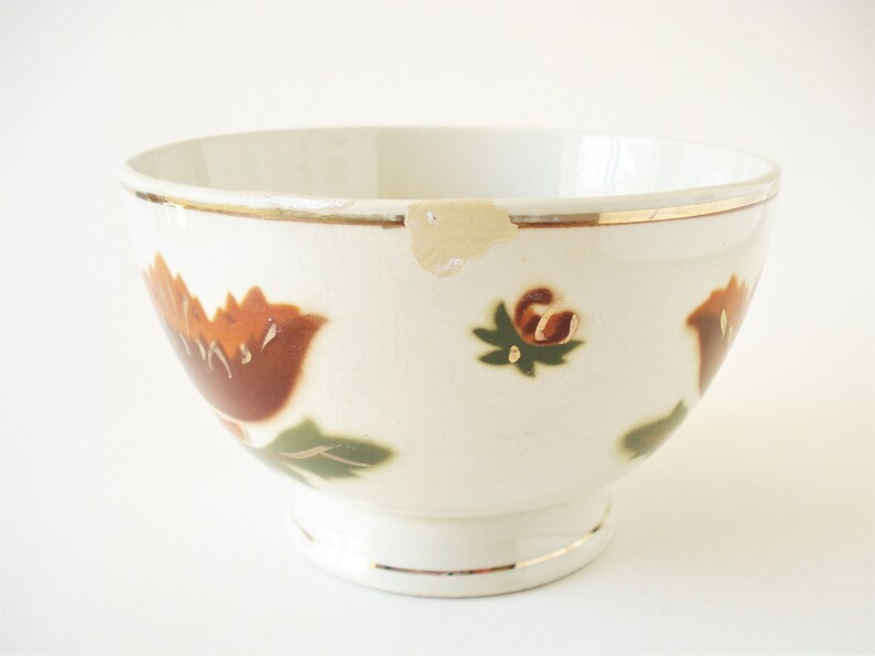 May include: A white ceramic bowl with a gold rim and floral design. The bowl features brown and orange flowers with green leaves.