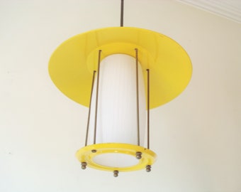 Yellow Lantern by MASSIVE Belgium-Vintage Pendant Light Made of Glass with Metal Fixture- Hanging Lamp- Mid Century- 1950s