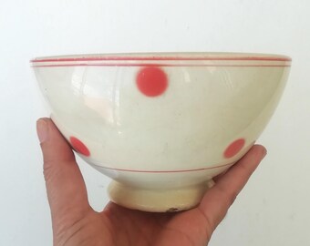 Portuguese Vintage CESOL Red Polka Dots Bowl-16cm/6.3''-Café au lait Bowl-Cereal Bowl-Jam Bowl-Soup Bowl-Collectible Bowl-ca.1940s