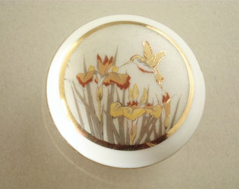 Boîtes à bijoux japonaises en porcelaine - Boîte à bijoux vintage Art of Chokin avec bordures en or 24 carats - Boîte à bijoux en porcelaine blanche et dorée avec fleurs d'oiseaux - Années 80 environ