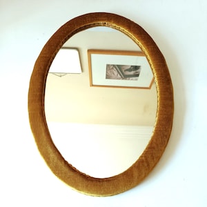 Gold Velvet French Vintage Framed Mirror- Yellow Velvet Frame Wooden Oval Mirror-Height 18.3 in/ 46.5 cm-Solid Golden Mirror- ca.1950s