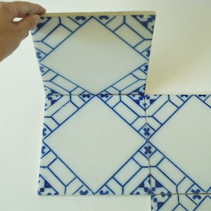 Rare and Large-4 Portuguese Vintage Azulejo-19.8 cm/7.7&quot;-White & Blue Tile-Geometric Pattern Tile-Hand Painted Decorative Tile-Séc. XIX - XX