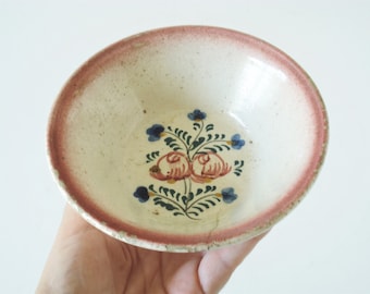 Portuguese Vintage Ceramic Bowl-Small Hand Painted Ceramic Bowl-Decorative Pattern of Flowers-Jam Bowl-Appetizers Bowl-Breakfast Bowl-c1940s