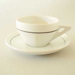 Portuguese Vintage VISTA ALEGRE Ceramic Tea Cup and Saucer-Teacup used in a Portuguese Cafe-White & Black Lines-Collectible Art Deco-ca.60s