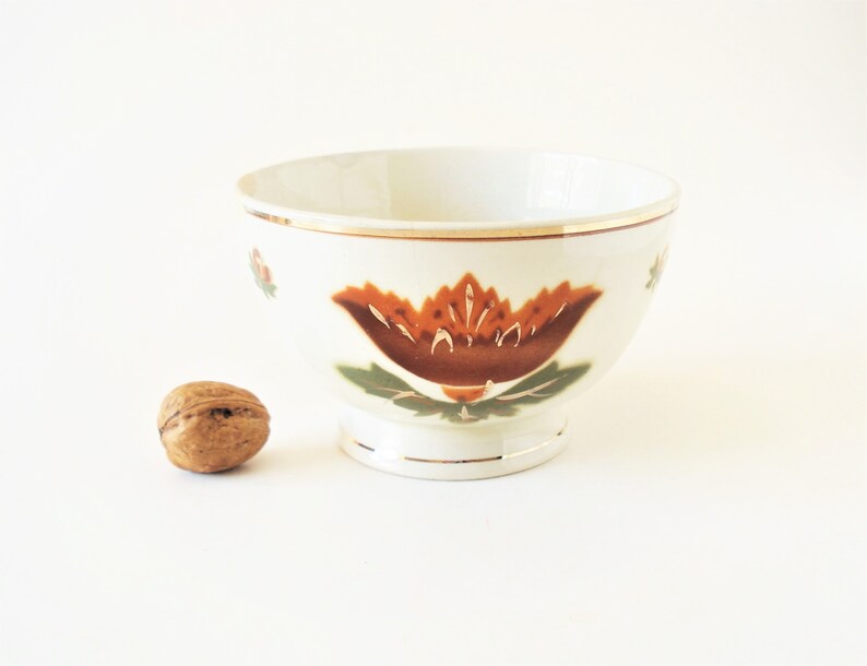 May include: A white ceramic bowl with a brown and green floral design. The bowl has a gold rim and a slightly flared lip.